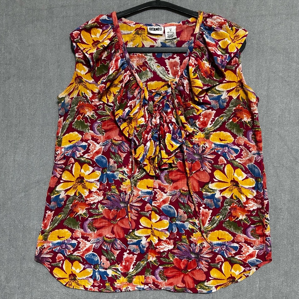 Gitano Vintage Sleeveless Blouse Medium Florals Pink Yellow Ruffle Neckline